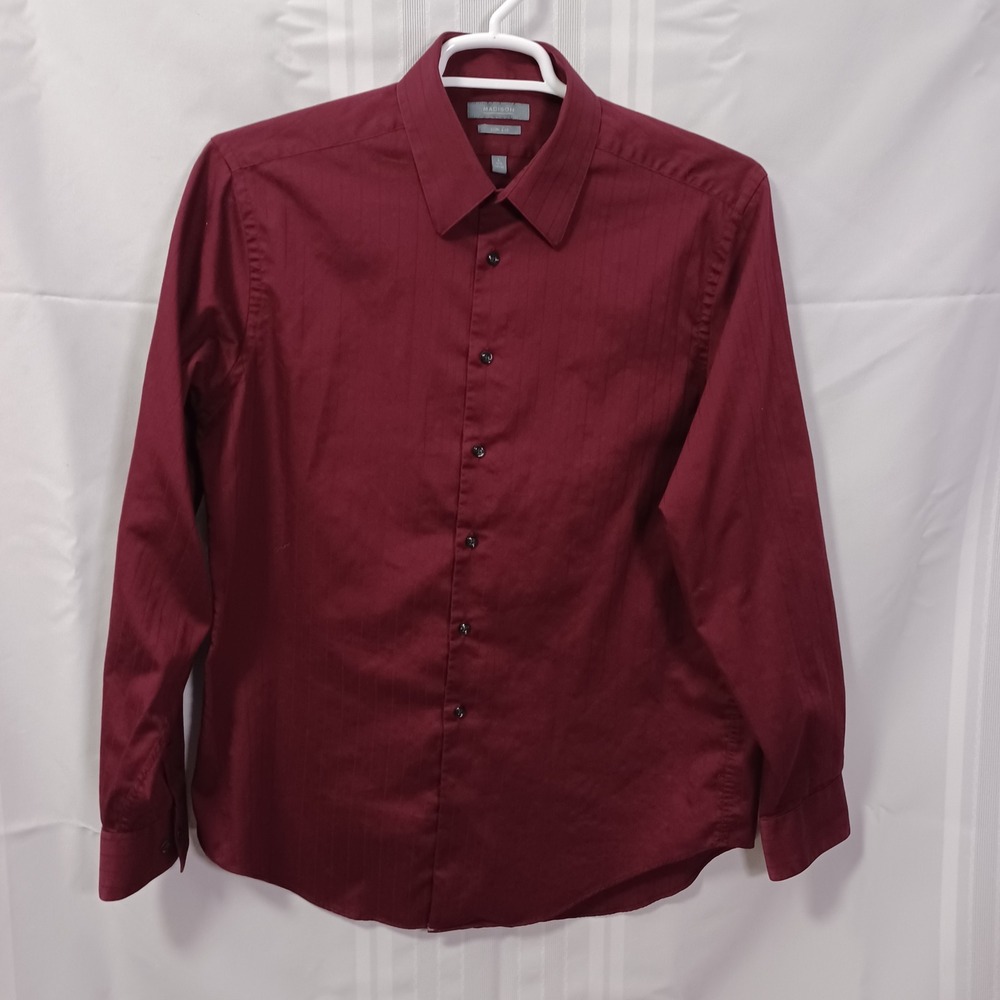 Madison Dress Shirt Mens L 16.5 34/35 Burgundy Slim Fit Striped Button Down